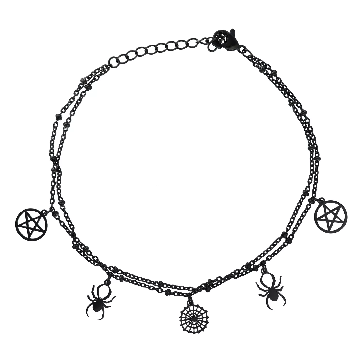 Cavigliera Nera Spider Pentagram Regolabile Cavigliera nera con ciondoli a forma di ragno e pentagramma su sfondo bianco