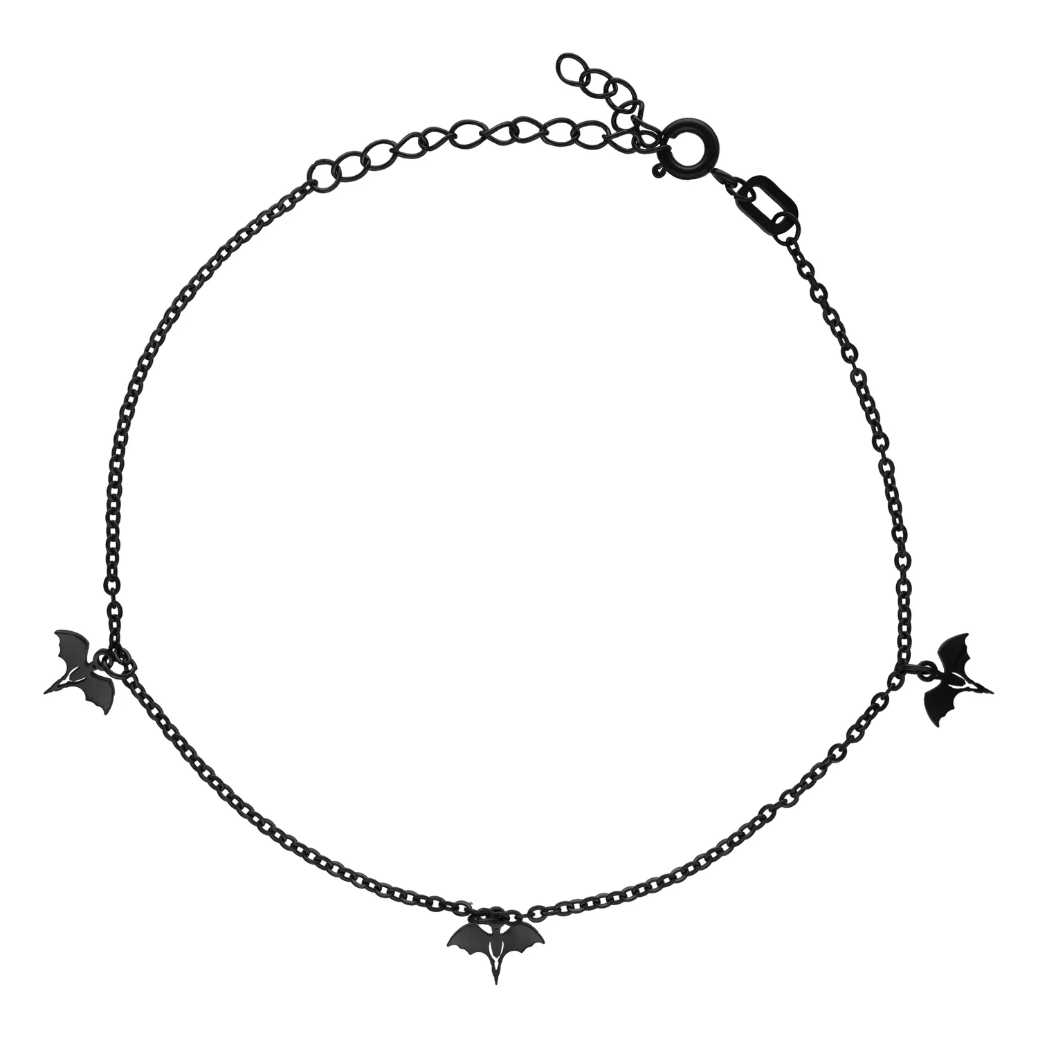 Cavigliera nera Bat in acciaio inox Cavigliera nera con ciondoli a forma di pipistrello su sfondo bianco