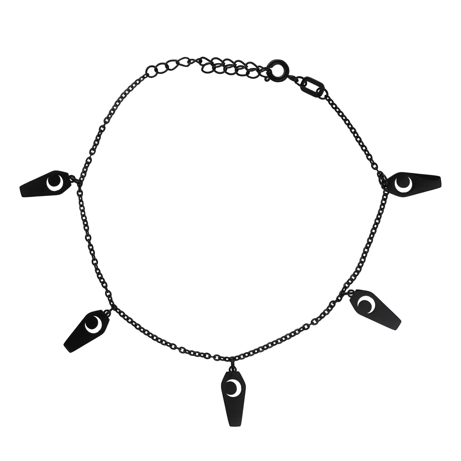 Cavigliera Nera Moon Coffin in Acciaio Cavigliera nera con ciondoli a forma di bara e chiusura regolabile su sfondo bianco