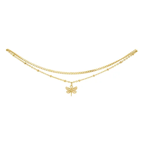 Cavigliera a due fili in metallo dorato con ciondolo a forma di libellula su sfondo bianco