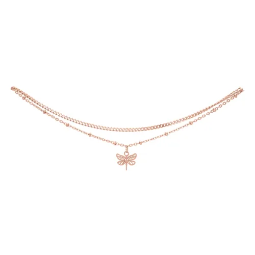 Cavigliera color oro rosa con ciondolo a forma di libellula su sfondo bianco
