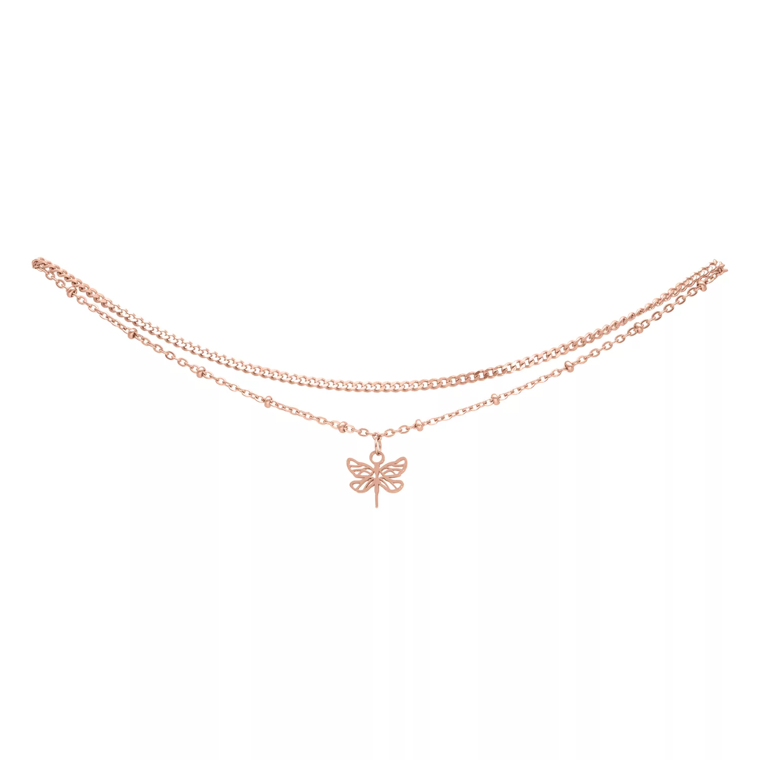 Cavigliera color oro rosa con ciondolo a forma di libellula su sfondo bianco