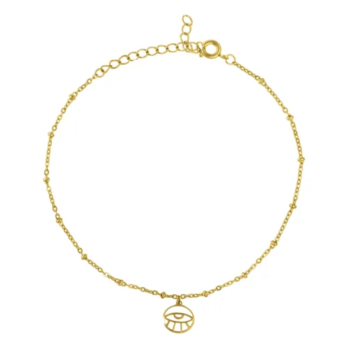 Cavigliera dorata con chiusura regolabile e ciondolo a forma di occhio su sfondo bianco