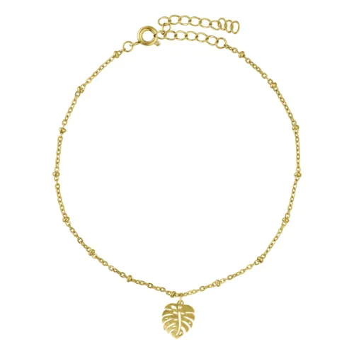 Cavigliera dorata con ciondolo Monstera su sfondo bianco