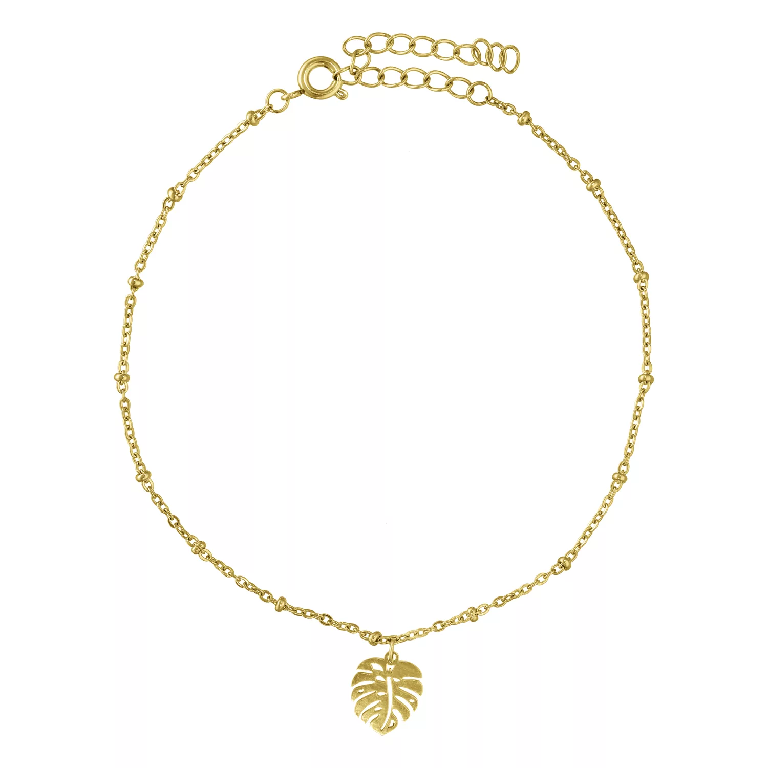 Cavigliera dorata con ciondolo Monstera su sfondo bianco