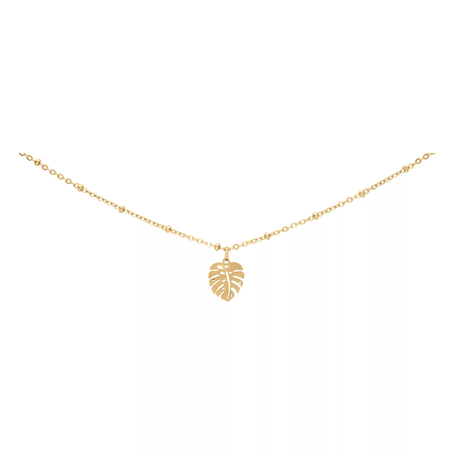 Cavigliera dorata con ciondolo Monstera su sfondo bianco