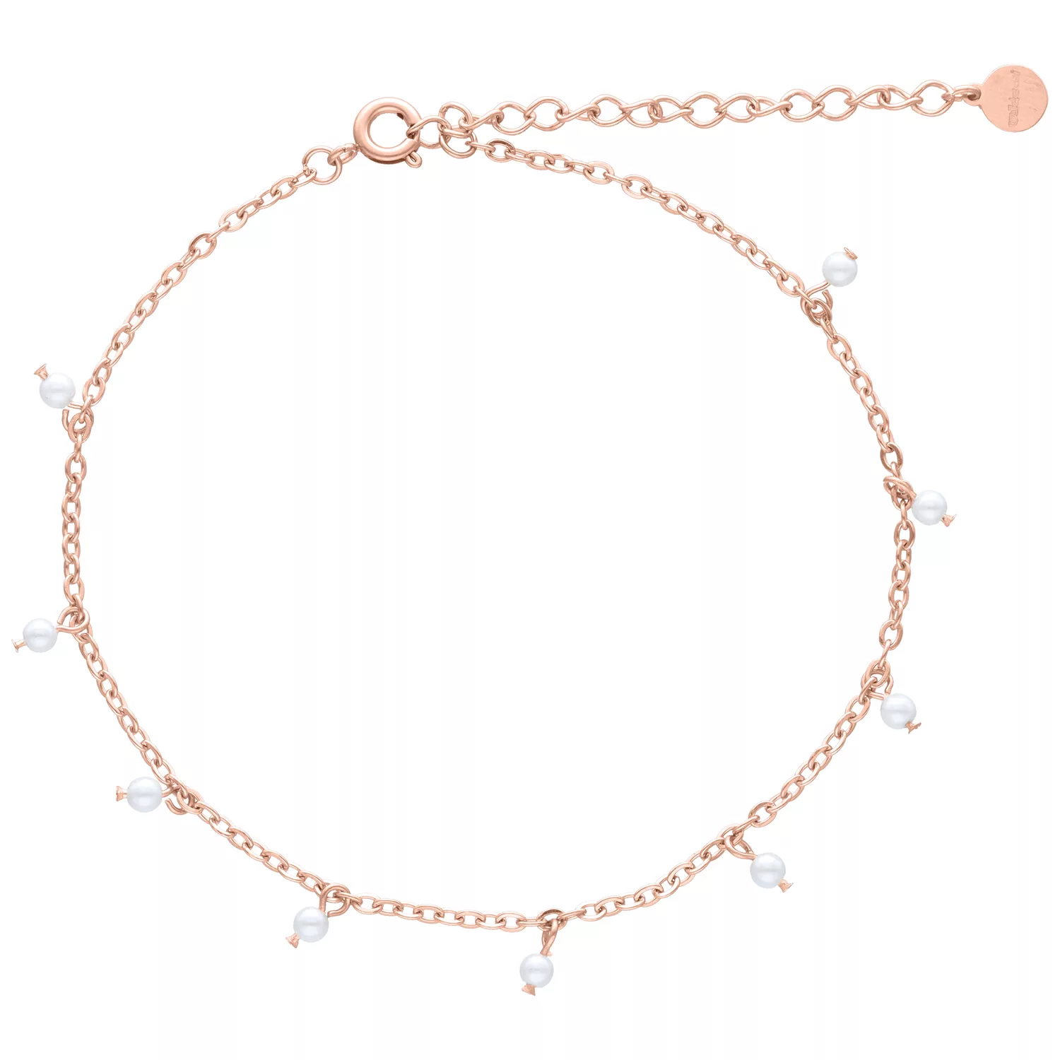 Cavigliera in oro rosa in acciaio chirurgico con perle bianche su sfondo bianco