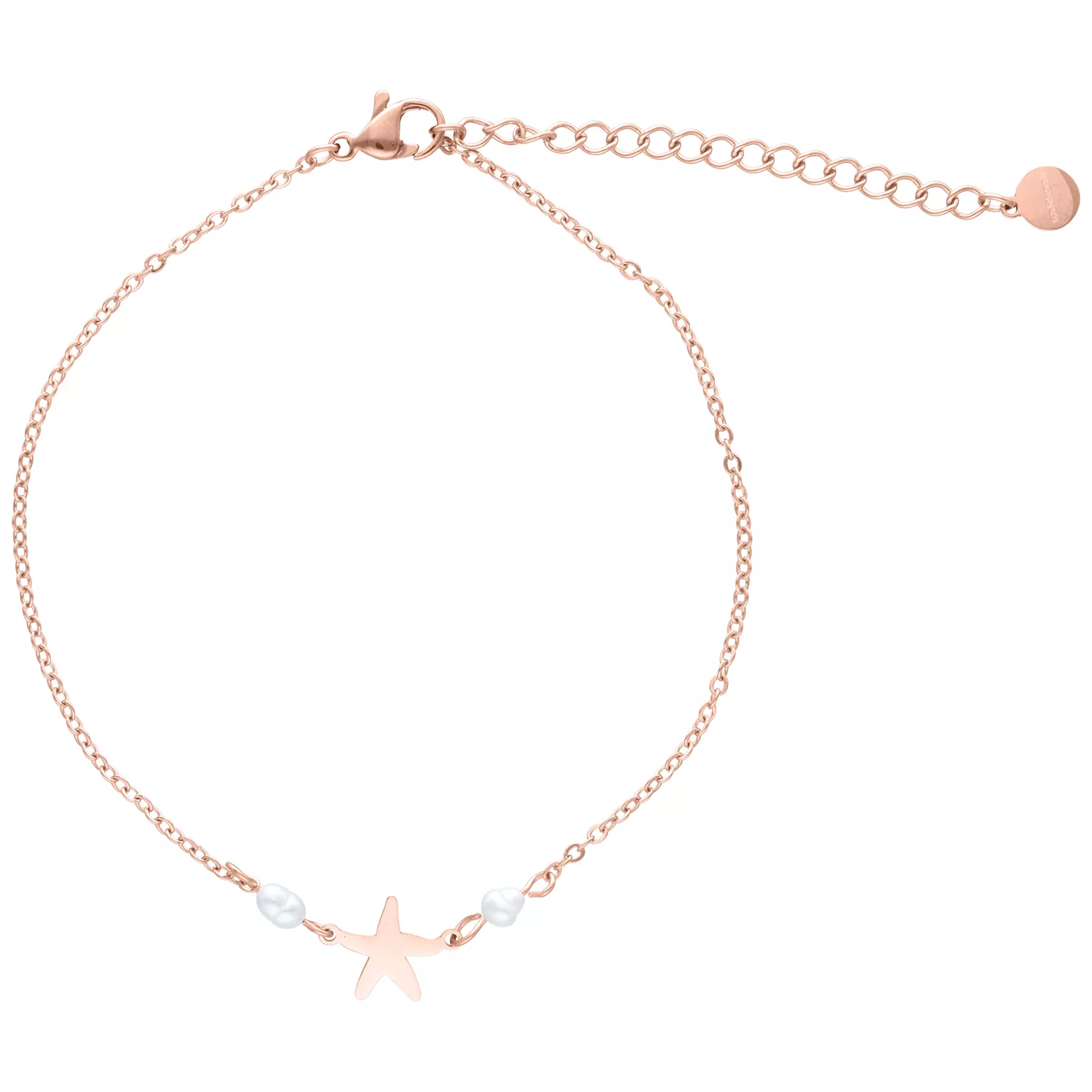 Cavigliera in oro rosa con ciondolo a stella marina e perle su sfondo bianco