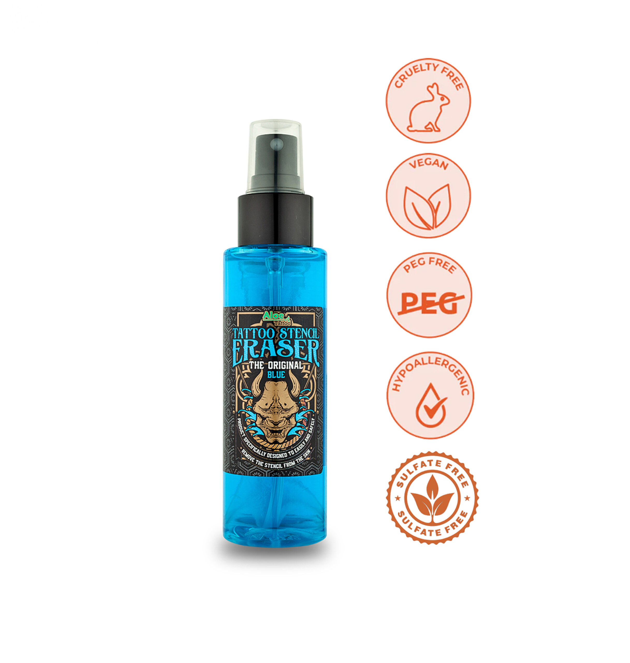 Spray blu Aloe Tattoo Stencil Eraser 100 ml su sfondo bianco