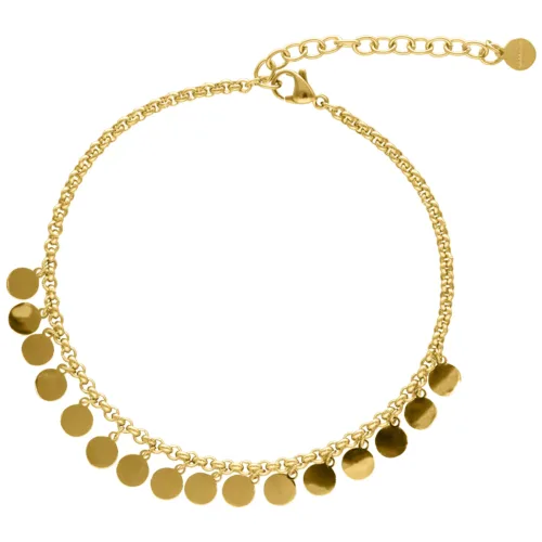 Cavigliera dorata con ciondoli rotondi su sfondo bianco