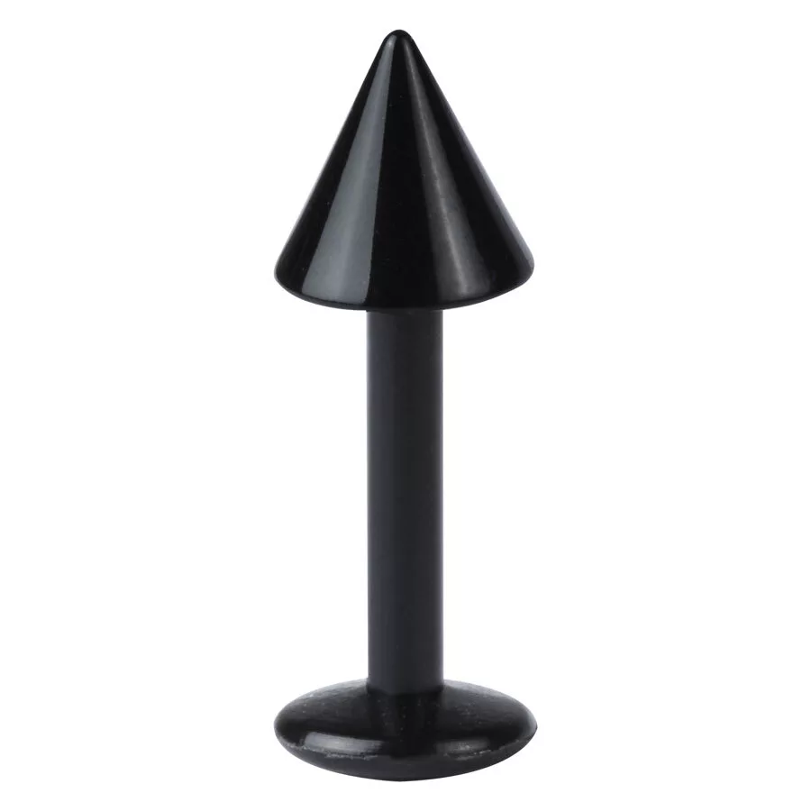 Labret conico nero in Bioplast, spessore 1,2 mm, lunghezza 10 mm, dimensione sfera 3 mm su sfondo bianco