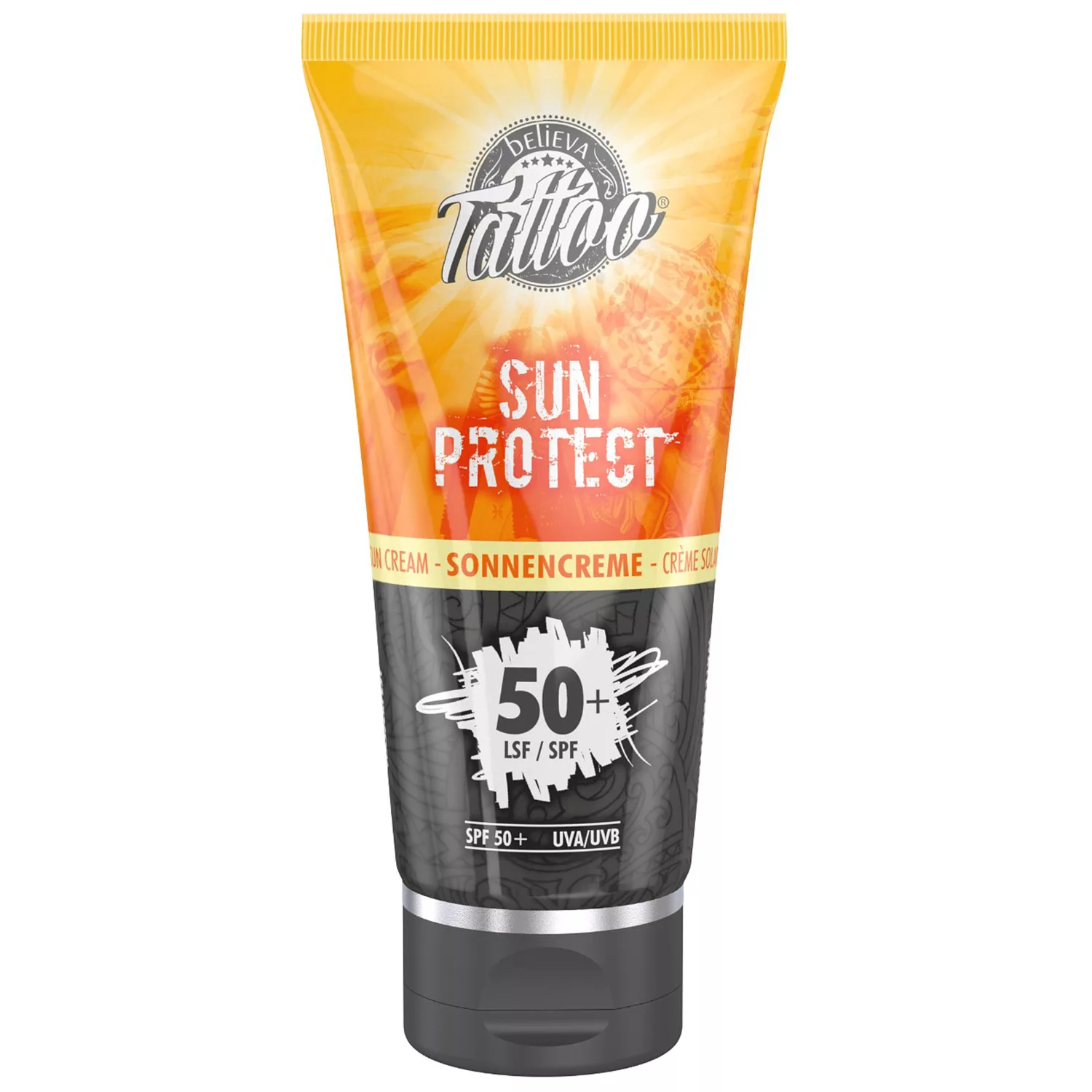 Tubo da 100 ml di Believa Tattoo Sun Protect con SPF 50+ su sfondo bianco