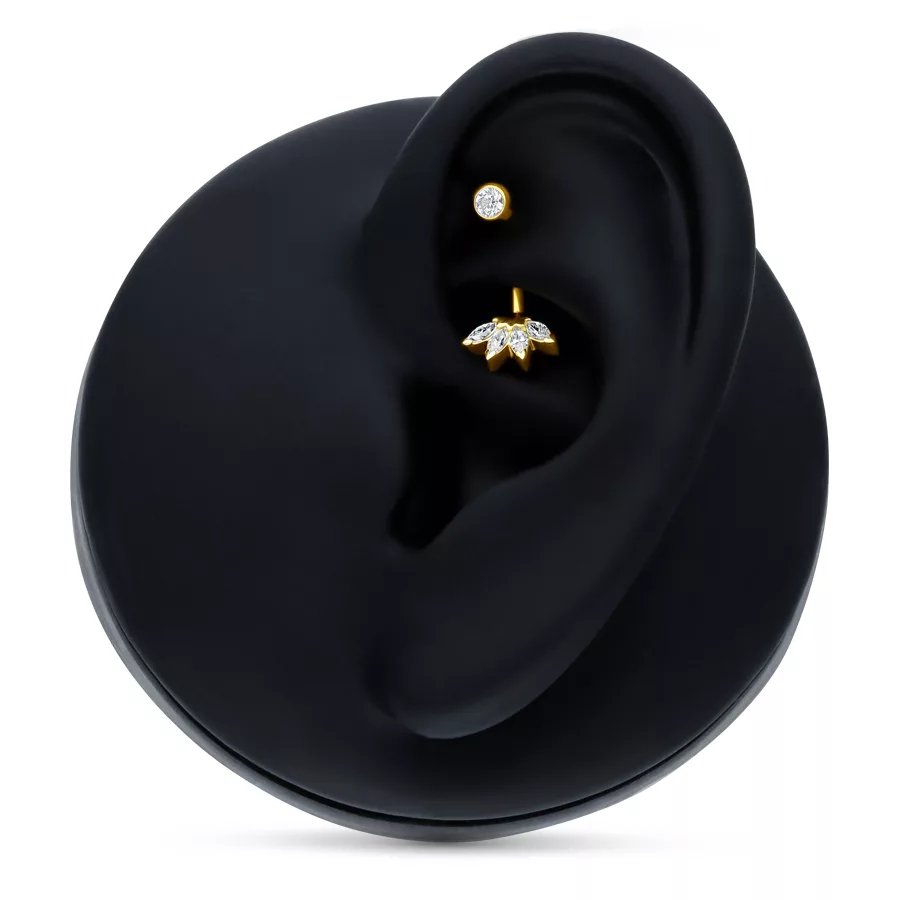 18K Gold Cristallo Lily Microbananabell Microbananabell dorato con pietre cristalline in un display nero per orecchio