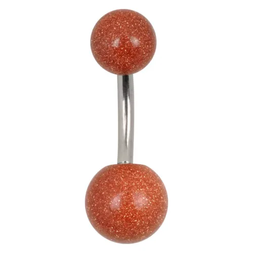 Bananabell scintillante in titanio con due sfere rosso-brune su sfondo bianco