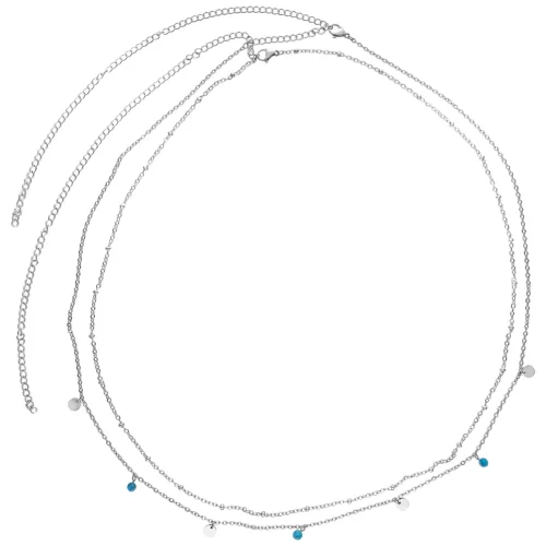 Doppie catene da pancia in acciaio chirurgico argentato con accenti blu e bianchi su sfondo bianco