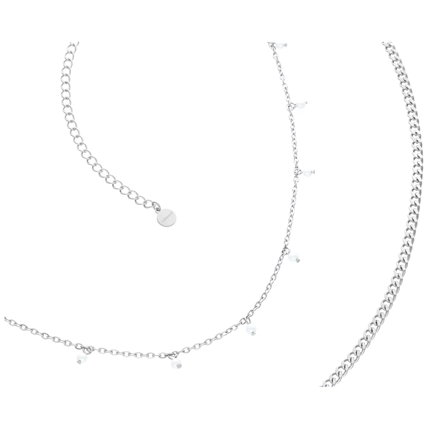 Catenina per il ventre in argento con due file, perle e chiusura a moschettone su sfondo bianco
