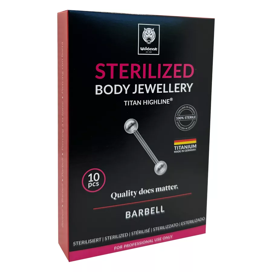 Confezione nera con piercing barbell argentato e etichetta in titanio