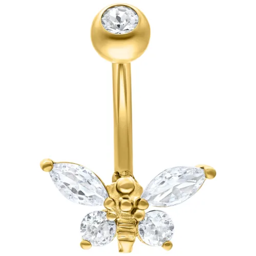 Piercing Banabell dorato con design a forma di ape e cristalli chiari su sfondo bianco