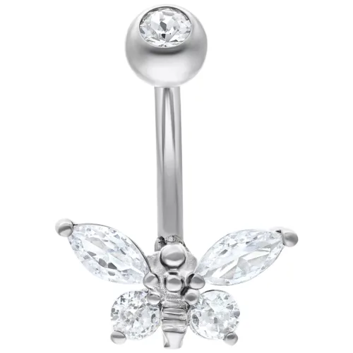 Banana barbell in argento con pietre cristalline a forma di ape su sfondo bianco