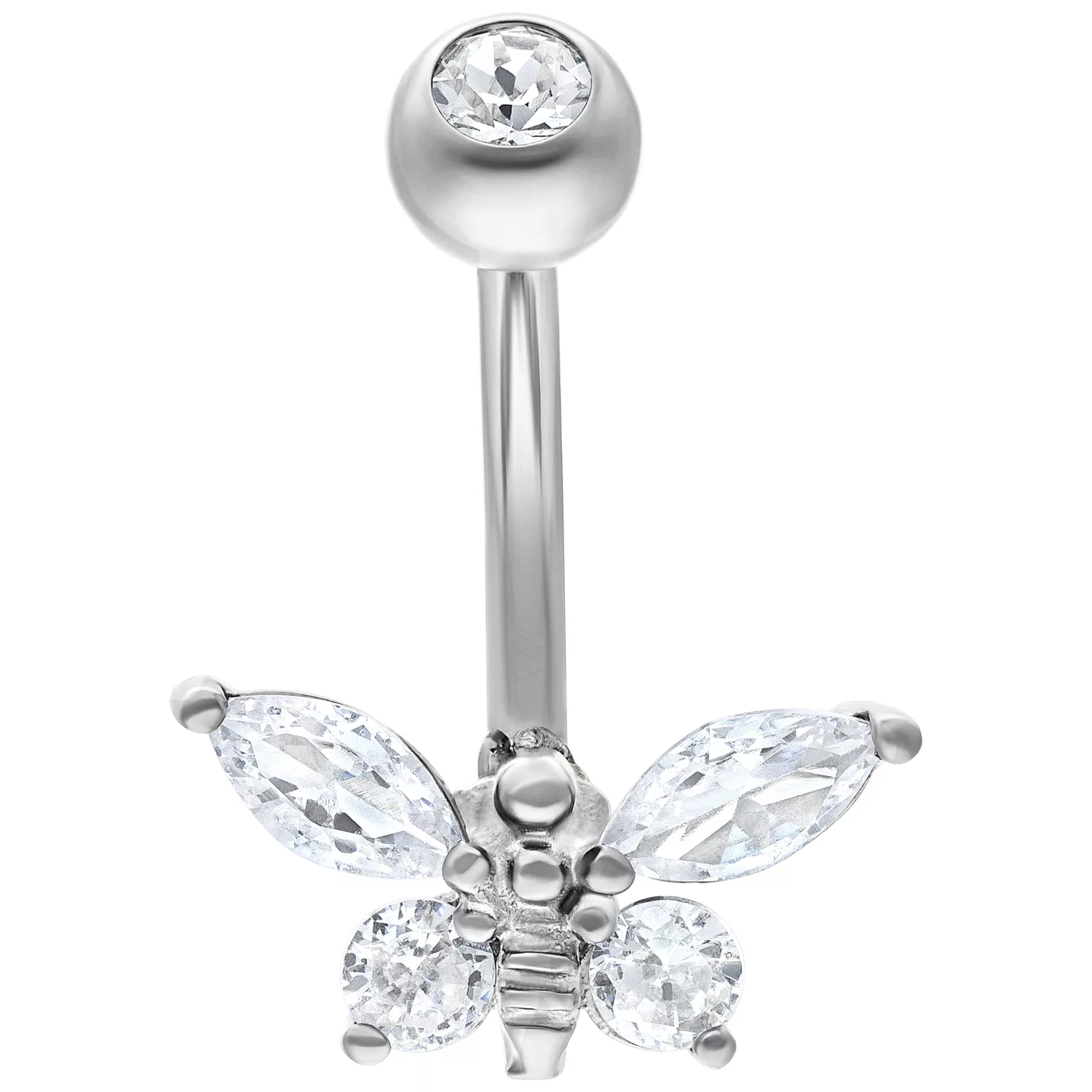 Banana barbell in argento con pietre cristalline a forma di ape su sfondo bianco