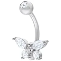 Bananabell d'argento con design di farfalla cristallina su sfondo bianco