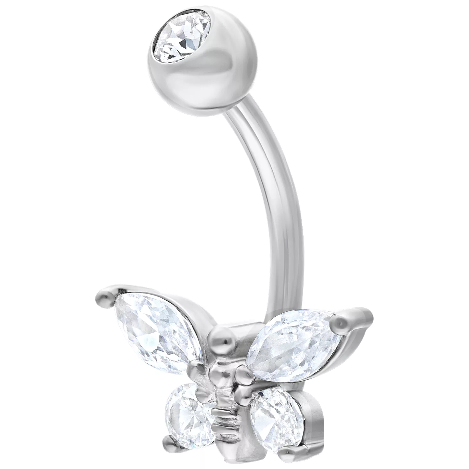Bananabell d'argento con design di farfalla cristallina su sfondo bianco