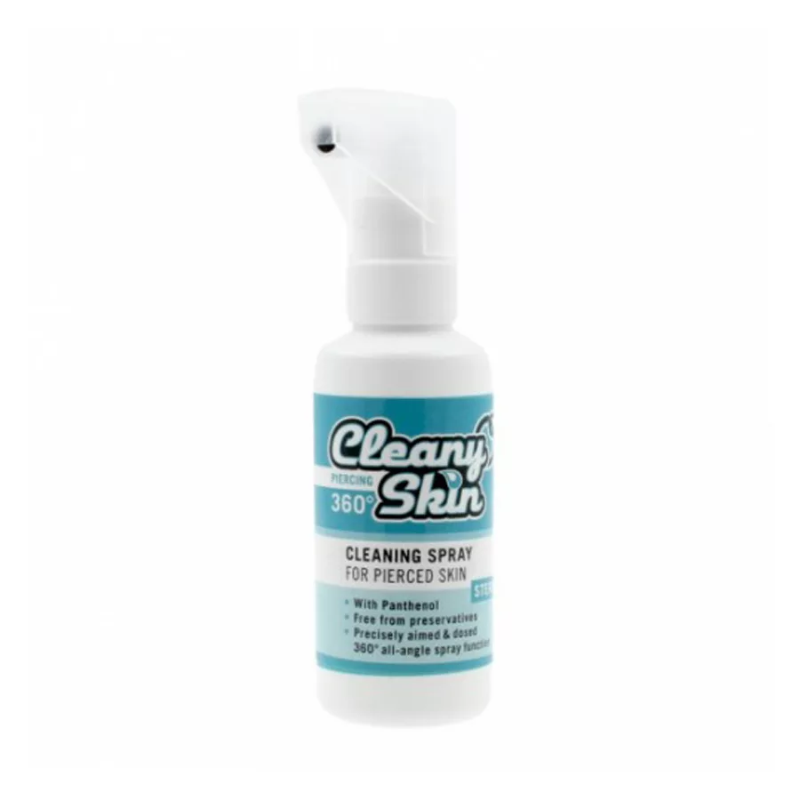Cleany Skin Piercing Spray 50ml Flacone bianco di Cleany Skin Piercing Spray con etichetta blu su sfondo bianco.