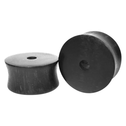 Due plugs in legno di ebano piatti su sfondo bianco, uno sdraiato, uno in piedi