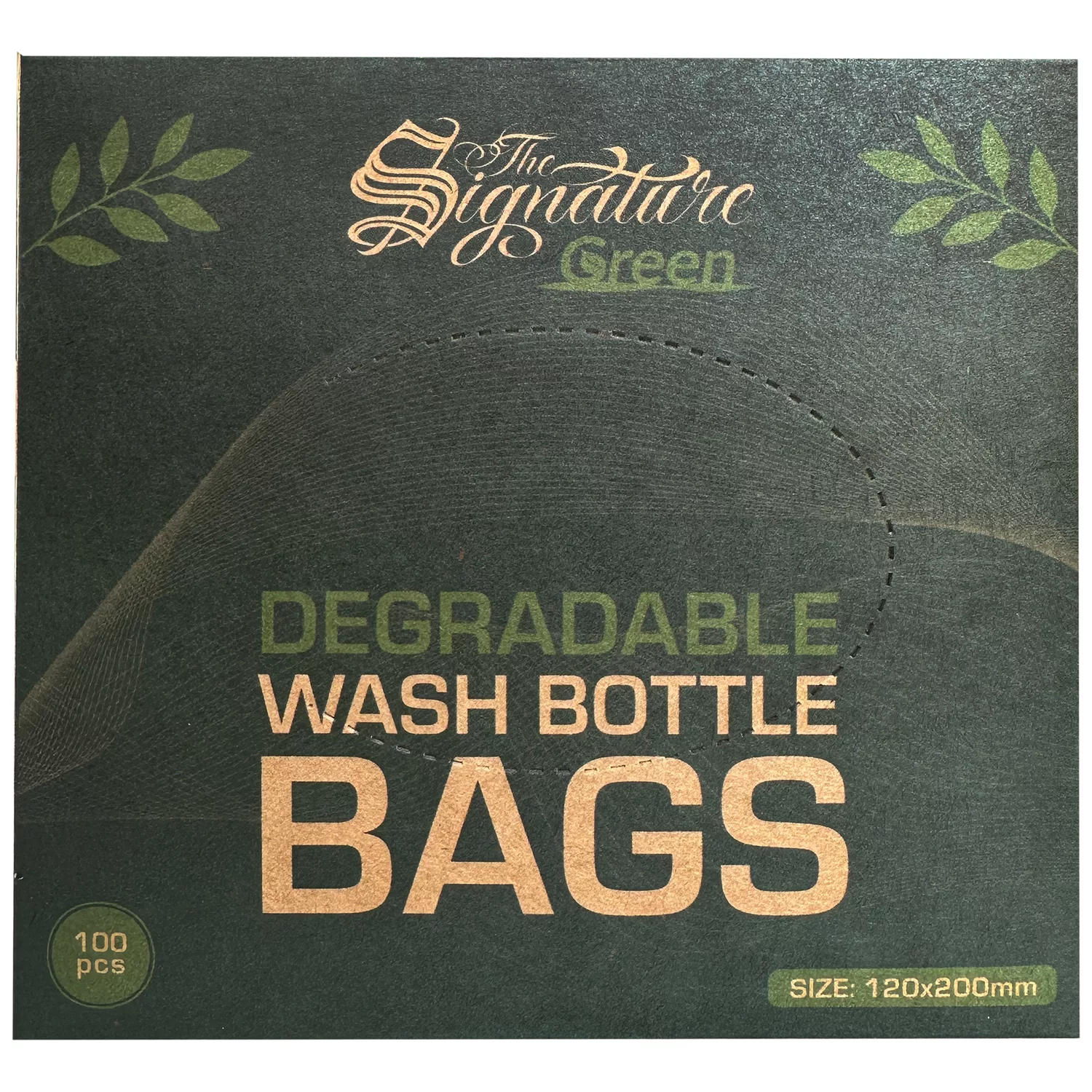 Confezione verde scuro dei sacchetti per bottiglie biodegradabili con scritta dorata