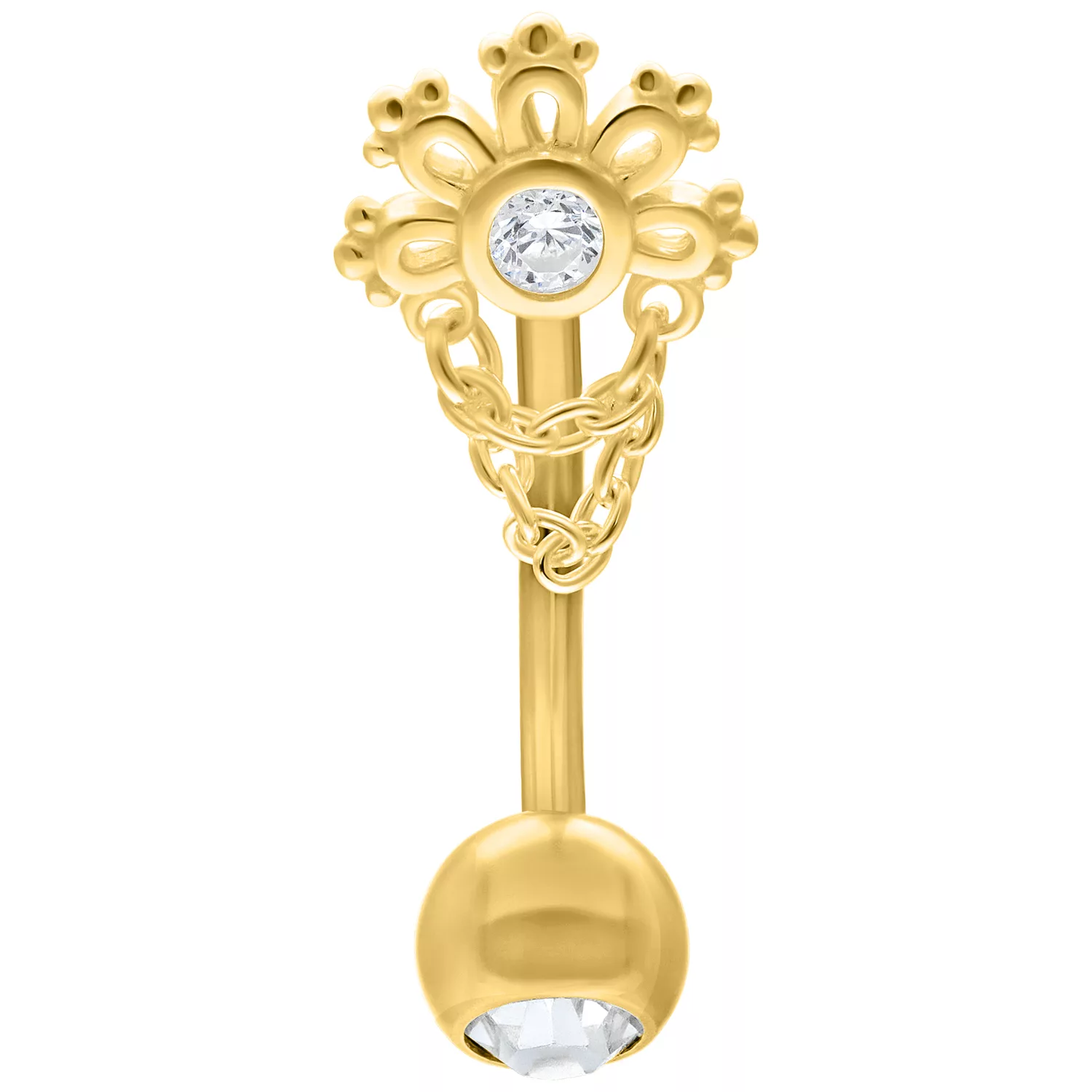 Micro Bananabell dorato con cristallo e dettagli a catena su sfondo bianco