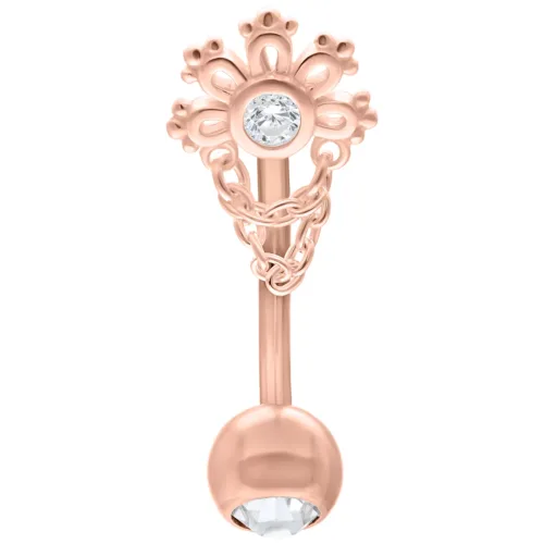 Micro Bananabell in oro rosa con cristallo, lunghezza 12mm, su sfondo bianco