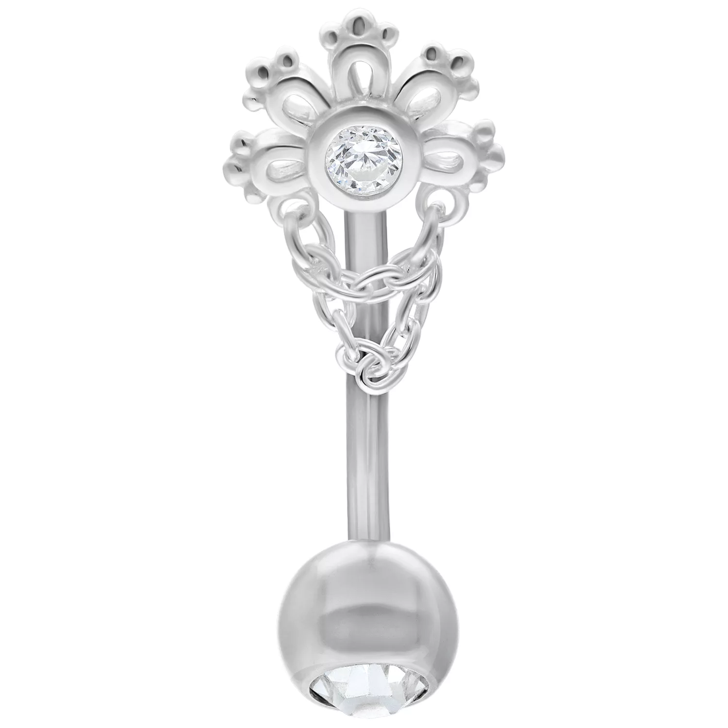 Micro Bananabell in argento con cristallo chiaro e decorazione a catena