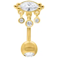 Bananabell dorato con cristalli chiari su sfondo bianco