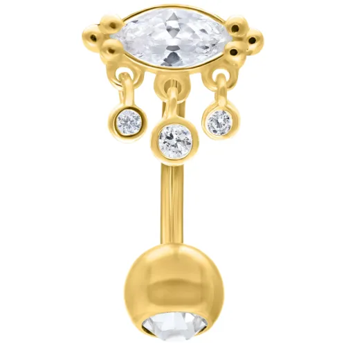 Bananabell dorato con cristalli chiari su sfondo bianco