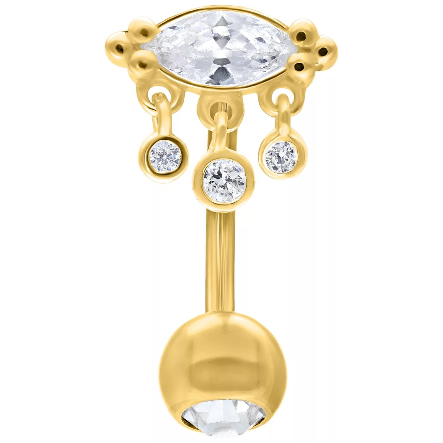 Bananabell dorato con cristalli chiari su sfondo bianco