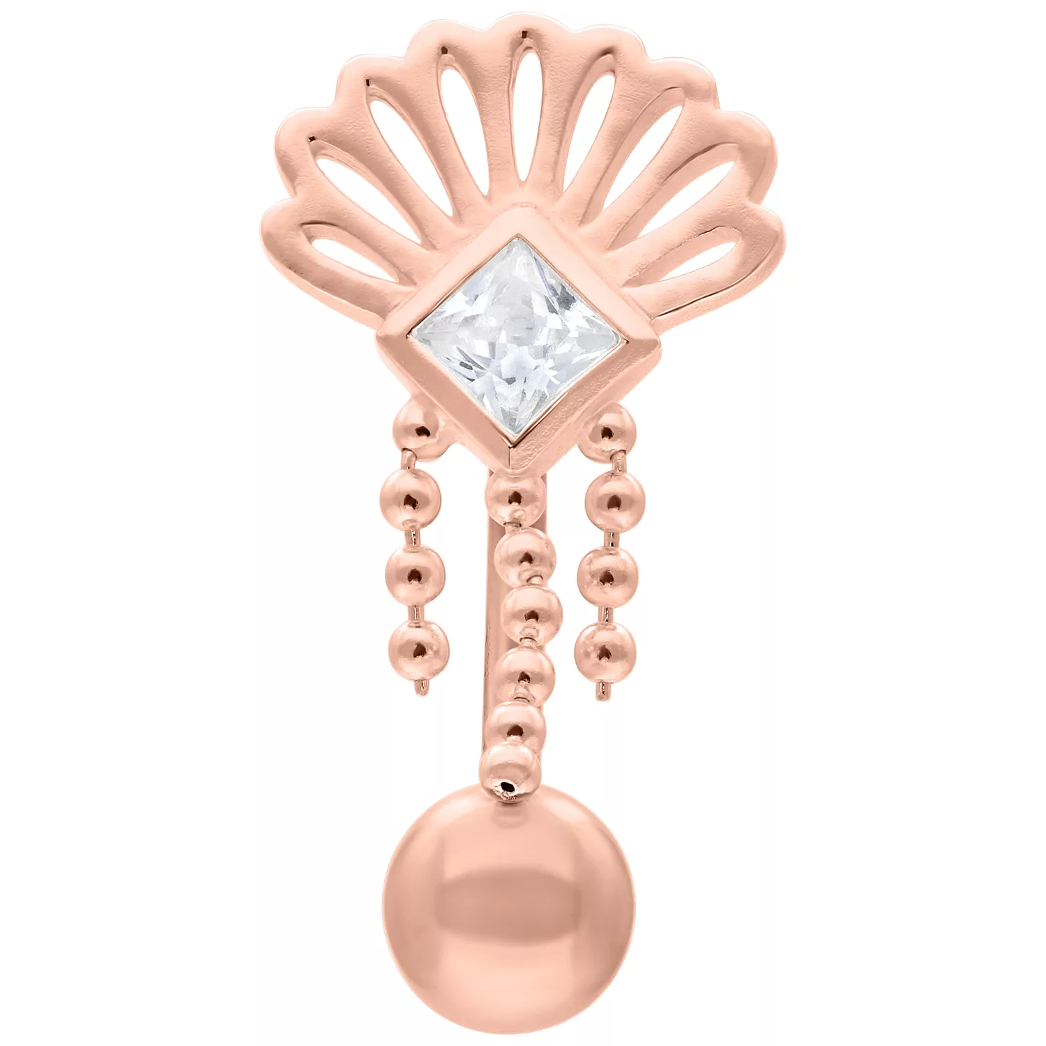 Micro Bananabell in oro rosa con cristallo e catene pendenti su sfondo bianco