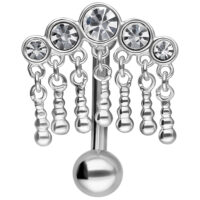 Micro Bananabell in argento con 5 cristalli chiari e pendenti su sfondo bianco