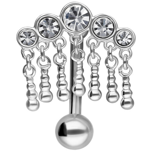 Micro Bananabell in argento con 5 cristalli chiari e pendenti su sfondo bianco