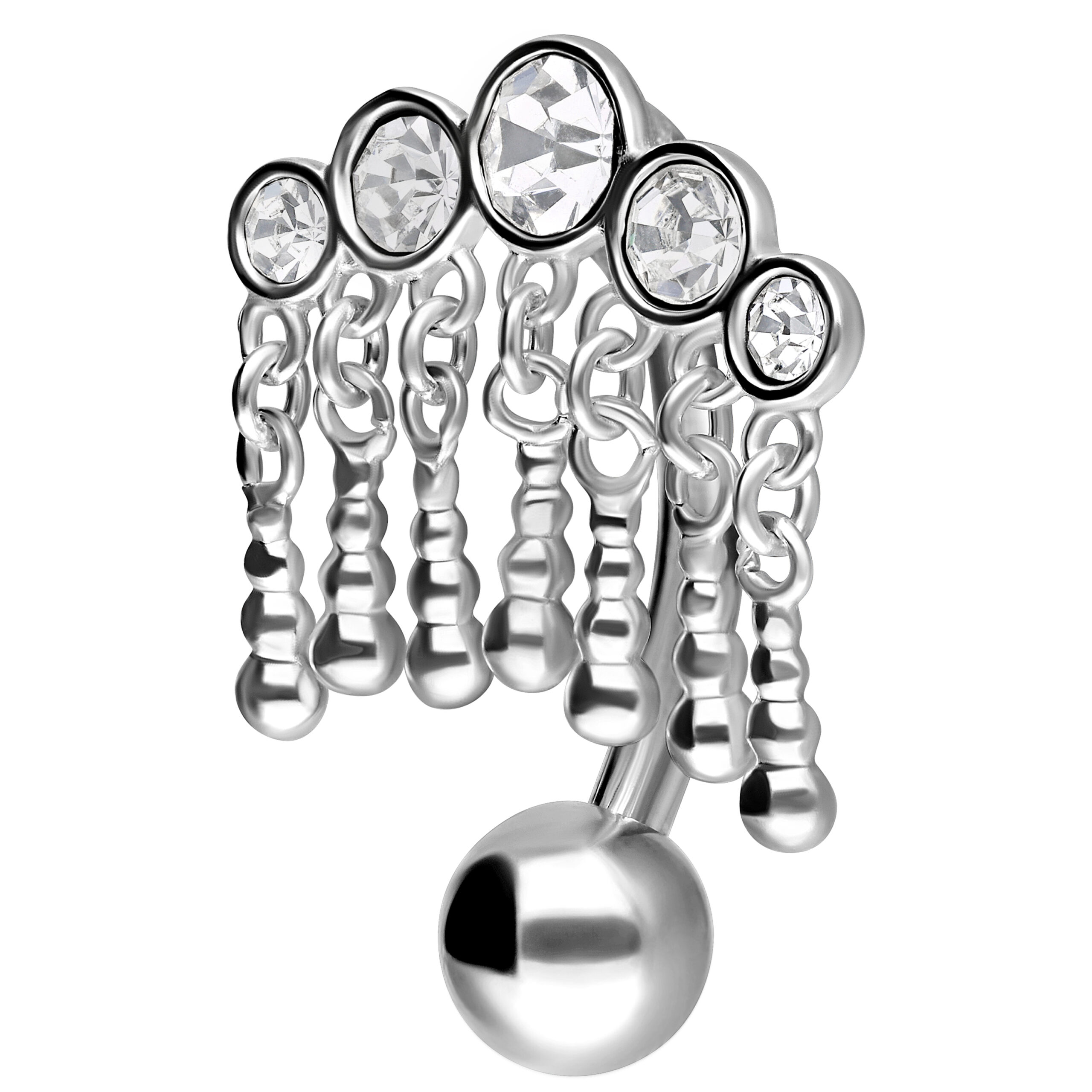 Micro Bananabell in argento con cinque cristalli chiari su sfondo bianco