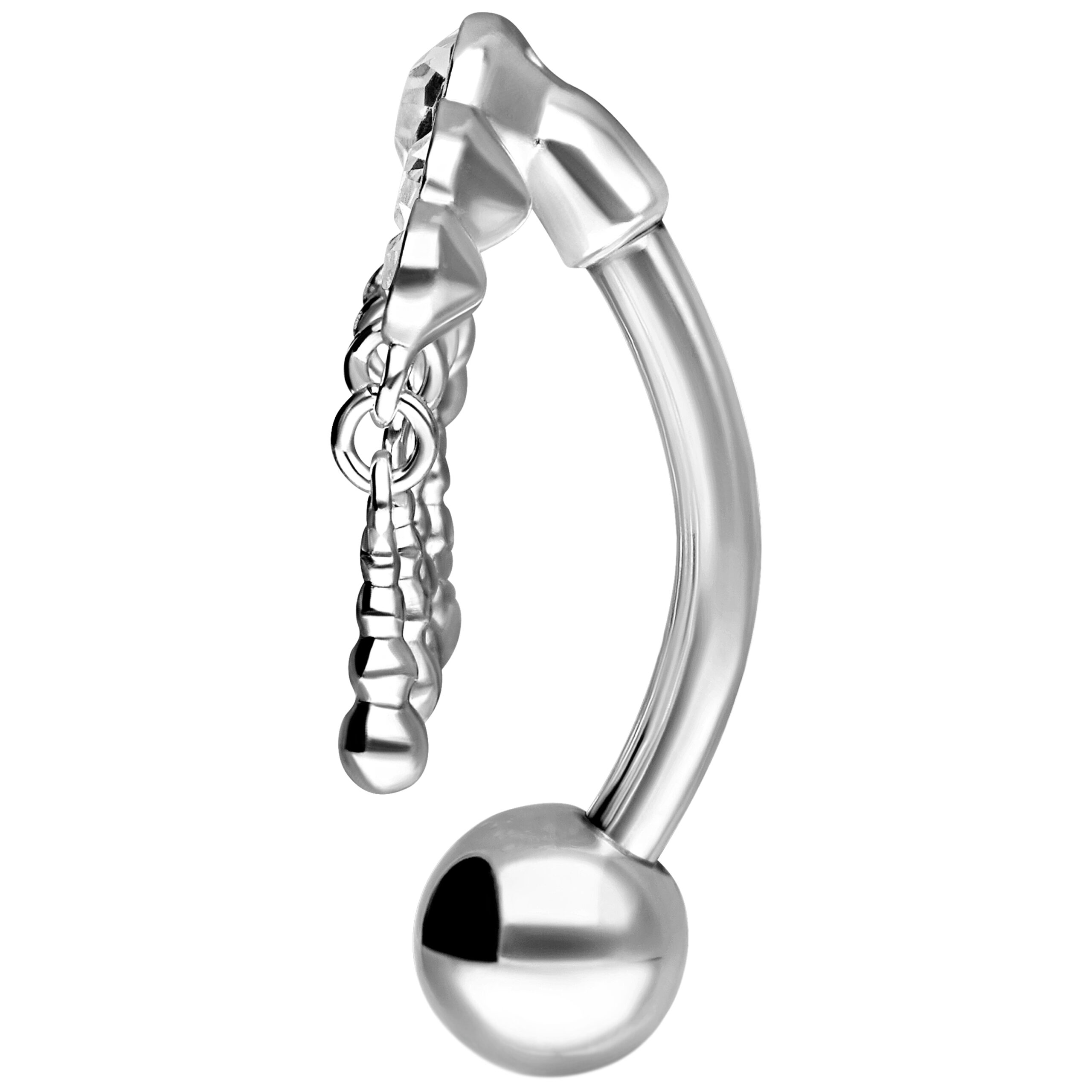 Micro Bananabell in argento con cristalli pendenti su sfondo bianco