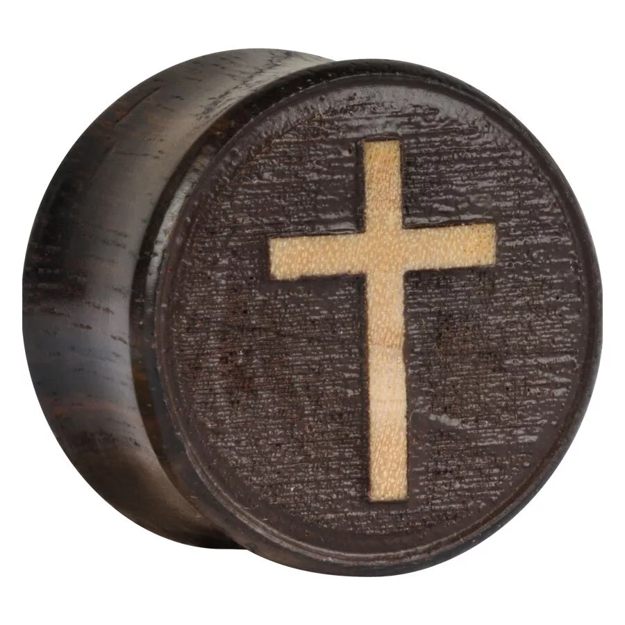 Plug rotondo in legno con croce incastonata, marrone, misura 26,0 mm