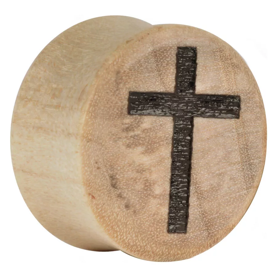 Plug in legno con incisione a croce 22mm Plug in legno con croce nera su superficie chiara, dimensione 22mm