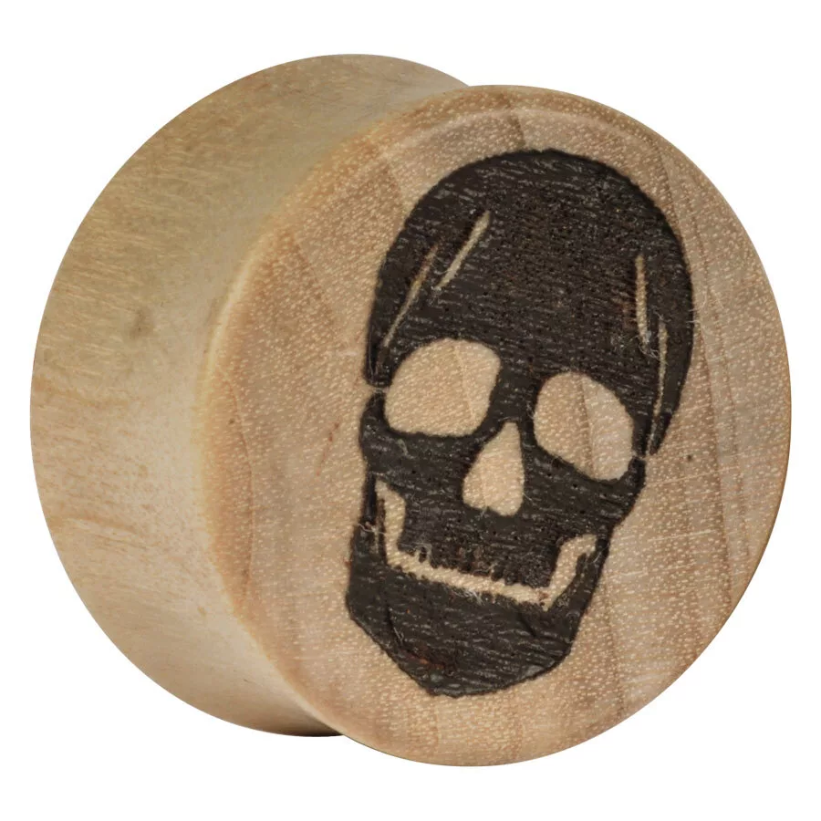 Plug in legno con motivo teschio 14,0 mm Plug in legno con teschio nero su sfondo naturale, dimensione 14,0 mm