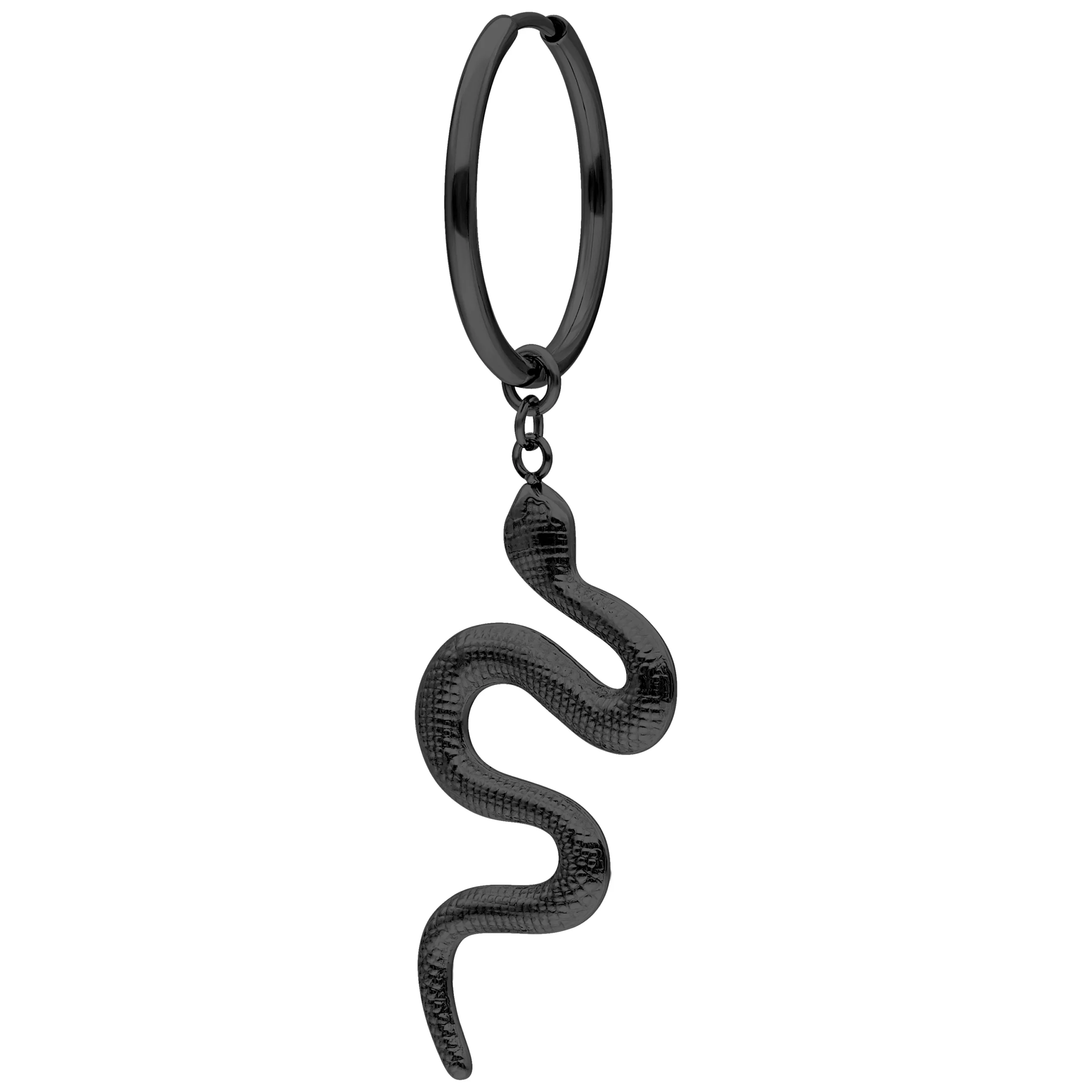 Orecchino nero con pendente a forma di serpente su sfondo bianco