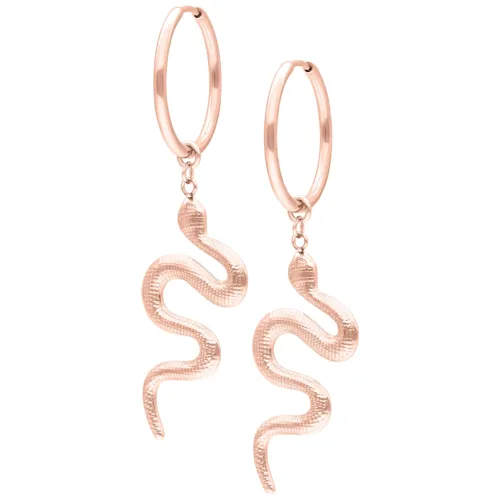 Orecchini a forma di serpente in oro rosa con chiusura a scatto su sfondo bianco