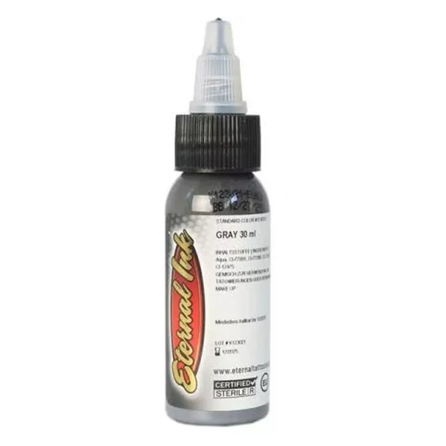 Inchiostro grigio Eternal Ink per tatuaggi in flacone da 30ml su sfondo bianco