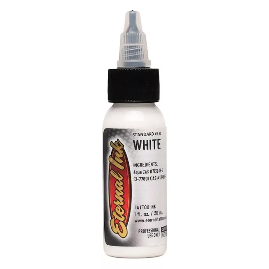 Flacone di inchiostro bianco di Eternal Ink su sfondo bianco
