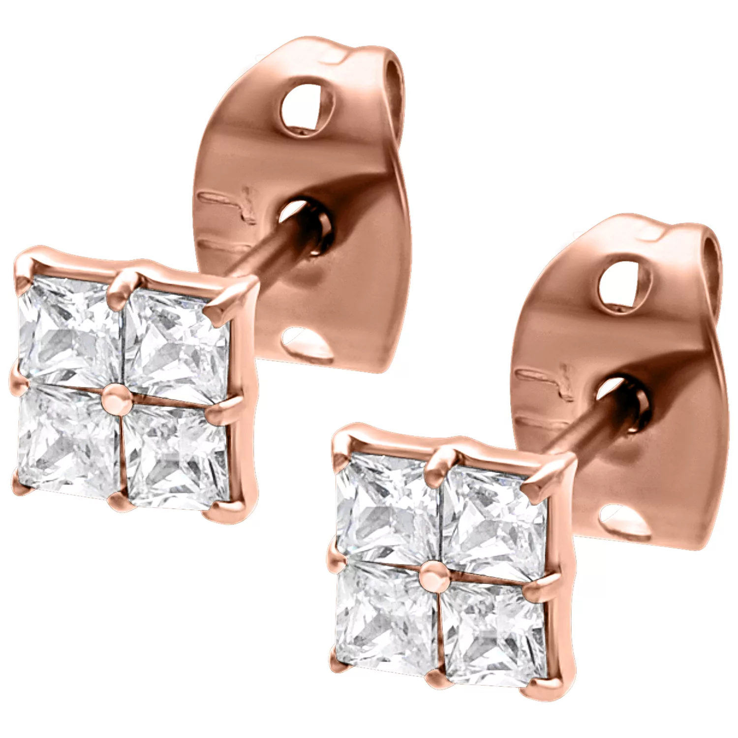 Orecchini quadrati in oro rosa con cristalli chiari su sfondo bianco