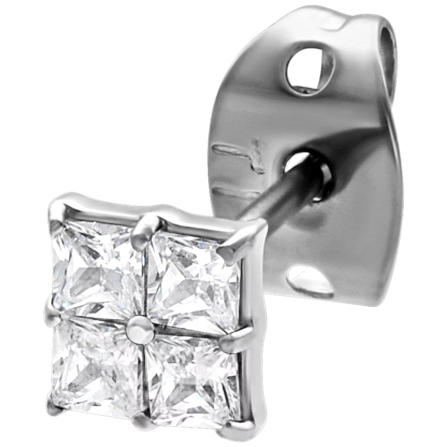 Orecchini color argento con cristalli quadrati su sfondo bianco