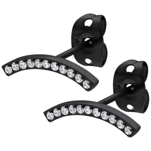 Orecchini neri con cristalli scintillanti su sfondo bianco